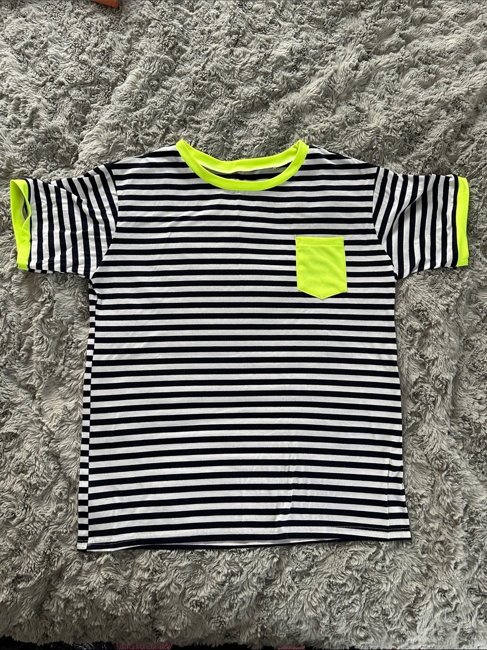 Striped Navy & White Tee with Neon Yellow Trim